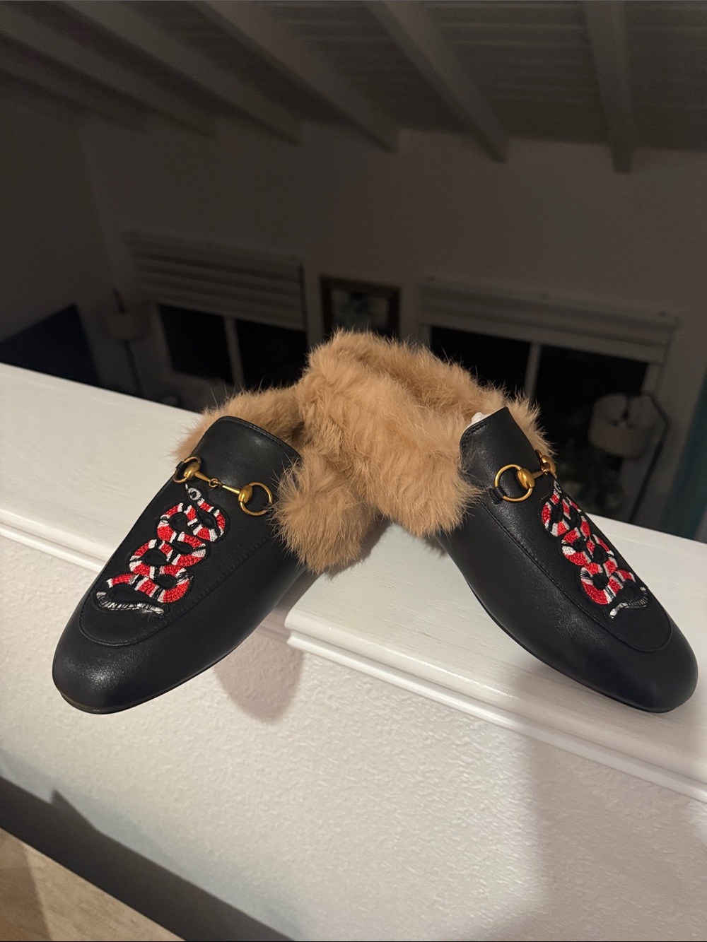 Black Fur-Lined Backless Mules with Red Snake Embroidery